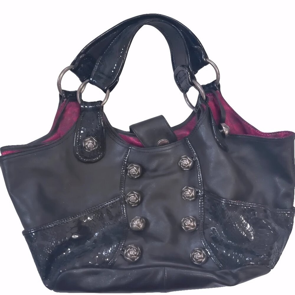 Betsey Johnson Black Rose Button Tote – Pink Floral Lining – Spacious